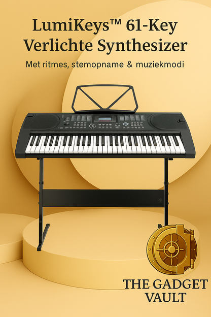 Luxe visual van de LumiKeys™ 61-toetsen verlichte synthesizer op een zwarte standaard, met klein subtiel kluislogo van The Gadget Vault op een elegante beige achtergrond.