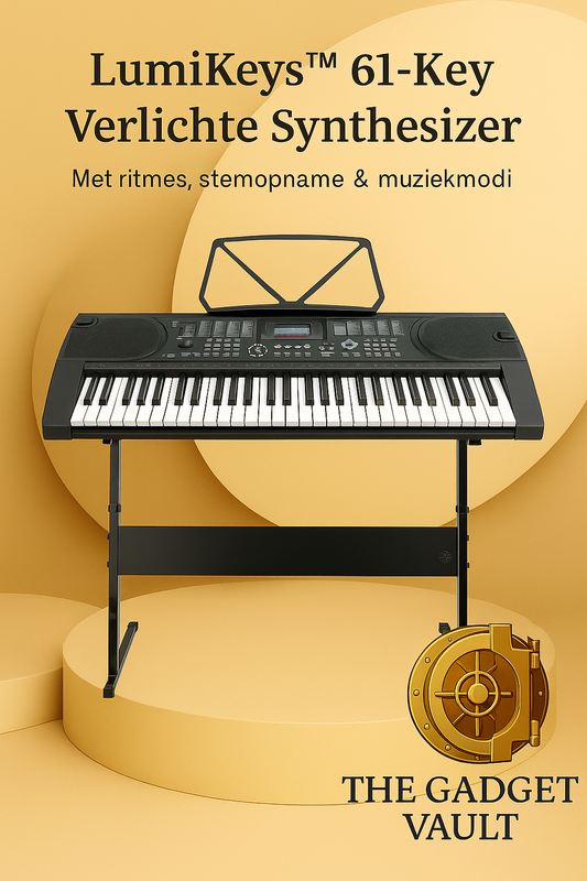 Luxe visual van de LumiKeys™ 61-toetsen verlichte synthesizer op een zwarte standaard, met klein subtiel kluislogo van The Gadget Vault op een elegante beige achtergrond.