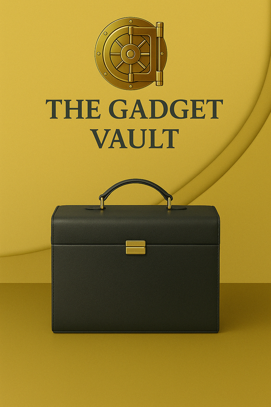 Zwarte lederen sieradendoos met goudkleurig slot en handvat, afgebeeld van achteren tegen een goudgele achtergrond met het logo van The Gadget Vault erboven.