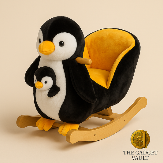 Pluche pinguïn schommelstoel voor kinderen met houten schommelbasis, zachte zwart-witte bekleding en geel zitkussen, gepresenteerd op een beige achtergrond met het gouden logo van The Gadget Vault rechtsonder.
