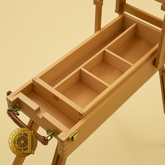 Opvouwbare houten schilderezel met uitneembaar palet, gepresenteerd tegen een beige achtergrond met het logo van The Gadget Vault linksonder.