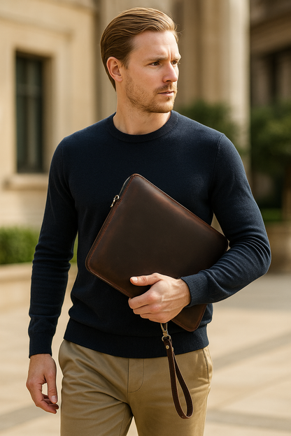 Blonde man van rond de dertig in een marineblauwe trui en beige broek, lopend door een stedelijke omgeving terwijl hij een donkerbruine leren laptopsleeve in de hand draagt. De achtergrond toont klassieke architectuur onder zacht zonlicht.