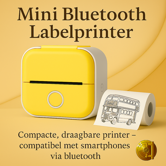 Promotiebeeld van de Mini Bluetooth Labelprinter in pastelgeel , met afgedrukt illustratievoorbeeld op labelpapier – draagbaar, draadloos en compatibel met smartphones. Stijlvol gepresenteerd in The Gadget Vault brandingstijl.