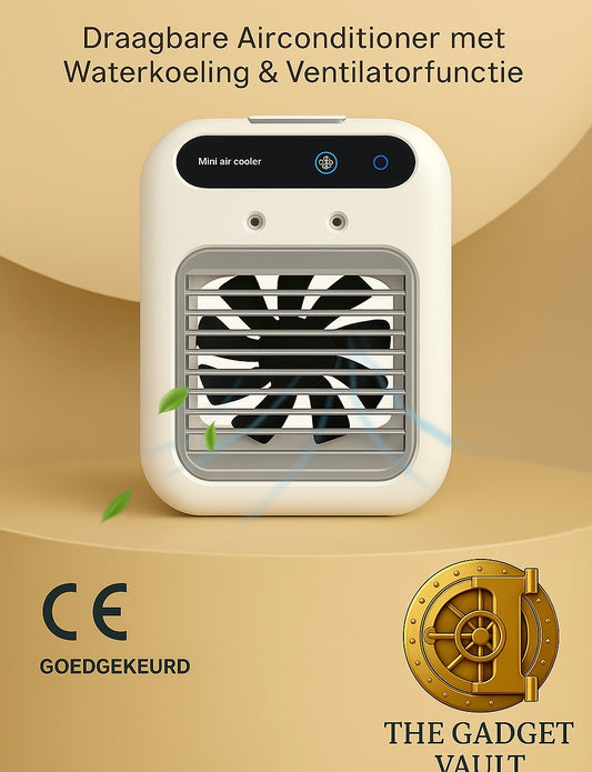 Digitale visual van de LumiFreeze™ Mini Aircooler, een compacte witte luchtkoeler met ventilatierooster en touchscreenbediening. De afbeelding toont het officiële CE-keurmerk en het logo van The Gadget Vault op een luxe beige achtergrond.