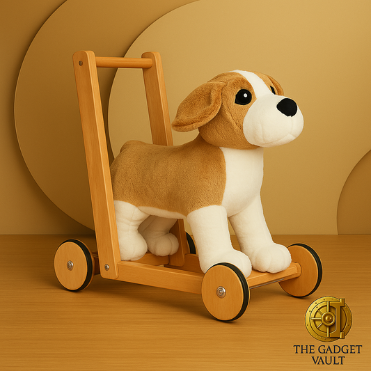 Pluche wandelhulp in de vorm van een bruine en witte Sint-Bernardhond op houten wieltjes, gepresenteerd op een luxe goud/beige achtergrond met kluislogo van The Gadget Vault rechtsonder.