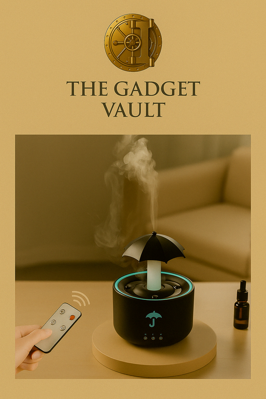 Aroma luchtbevochtiger met afstandsbediening en paraplu-design, op een beige ondergrond met het gouden logo van The Gadget Vault erboven. Geschikt voor gebruik in huis of kantoor.