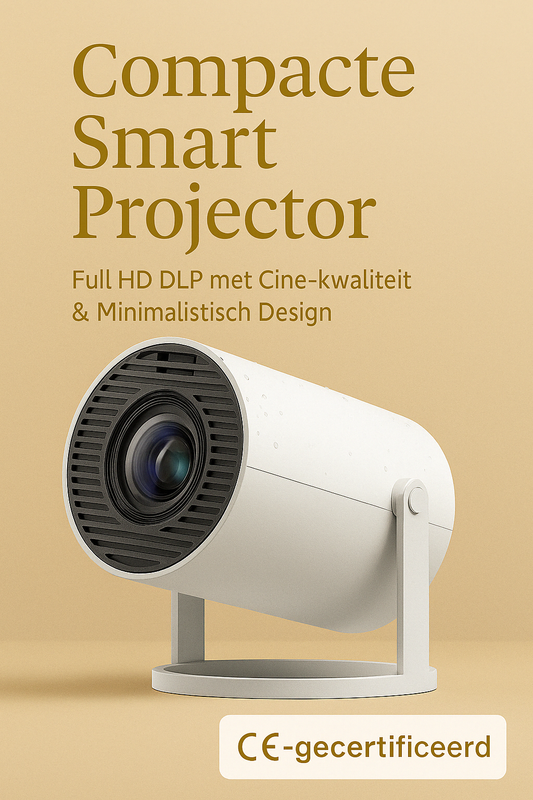 “Stijlvolle promotieafbeelding van een witte smart projector met optische lens en app-iconen, gepresenteerd op een beige-gouden achtergrond met The Gadget Vault-logo in premium designstijl.”