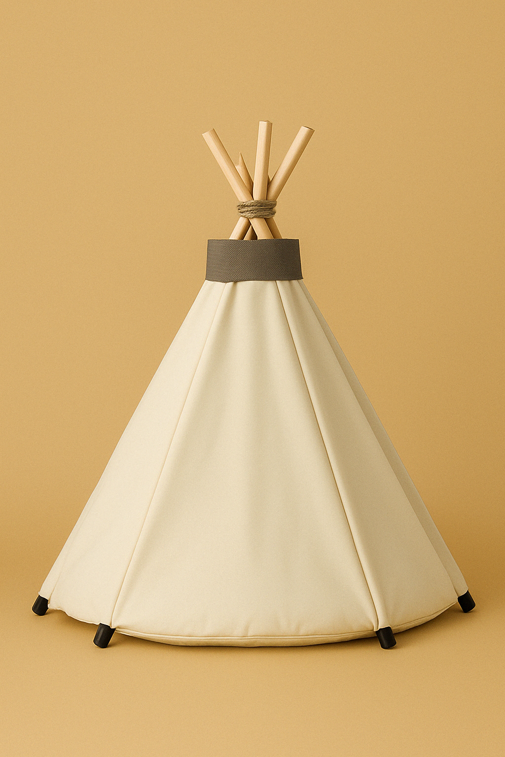 Een stijlvolle houten tipi tent voor huisdieren in crème kleur, geplaatst in een warme moderne ruimte. Ideaal als rustplek voor kleine honden of katten, met een zacht kussen en stevig canvas doek.