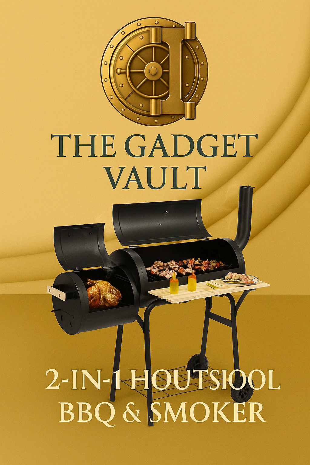 Promotiebeeld van een 2-in-1 houtskoolbarbecue en smoker met rooster, rookoven en zijplank, in luxe gouden brandingstijl van The Gadget Vault